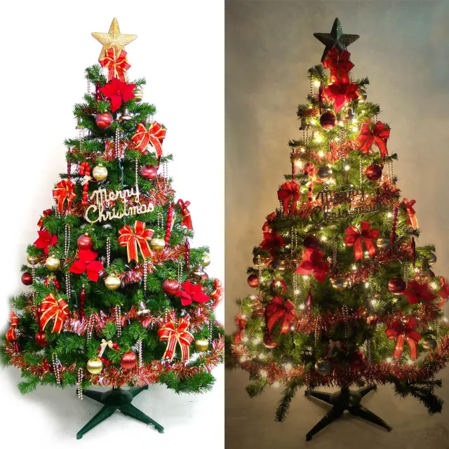 【摩達客】台灣製-7尺-210cm豪華版裝飾綠聖誕樹(含紅金色系配件組/含100燈鎢絲樹燈3串/本島免運費)/
