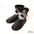 【Deluxe】北歐時尚熊貓臉立體水晶鑲鑽真皮保暖中筒雪靴(黑)