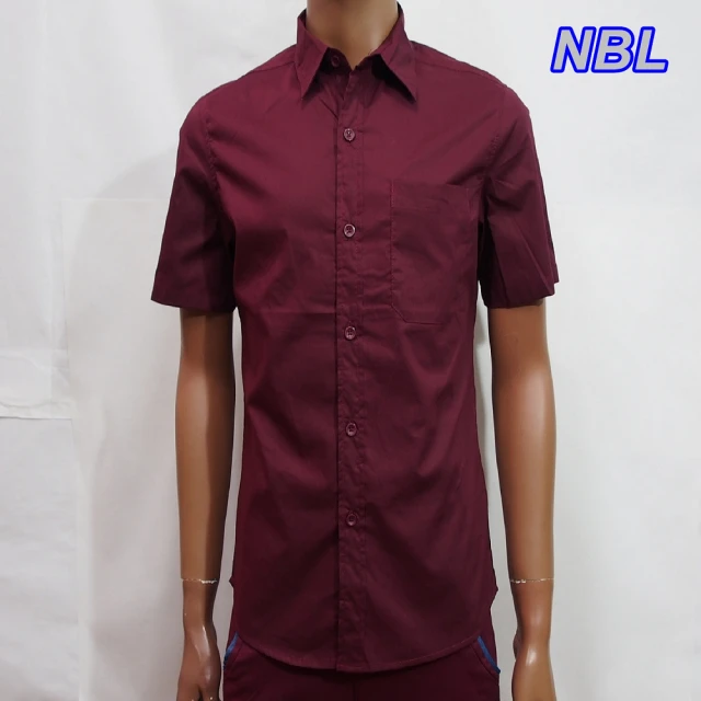【NBL】T0463B淺藍色R酒紅色素面短袖襯衫(零碼出清虧本價)
