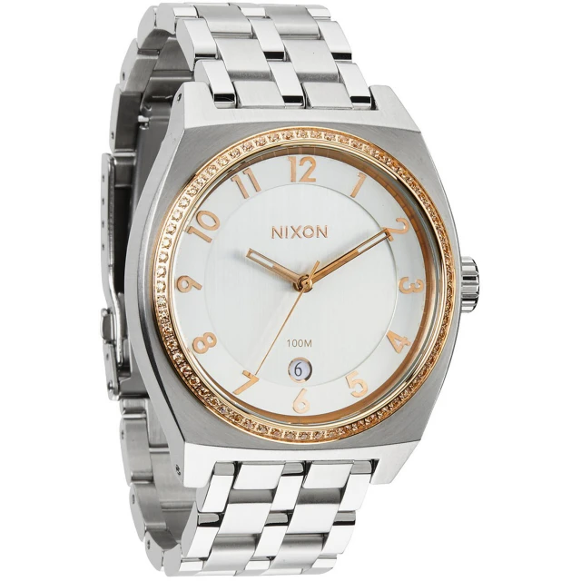 【NIXON】MONOPOLY輕巧晶鑽都會日期腕錶-銀x玫瑰金(A3251519)