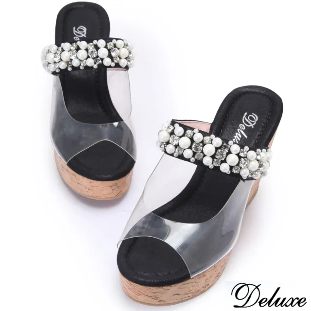 【Deluxe】閃耀黑水鑽珍珠厚底楔型涼鞋(黑)