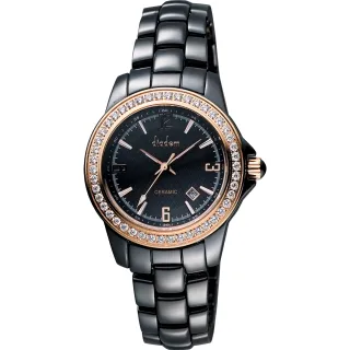 【Diadem】黛亞登 菱格紋晶鑽陶瓷手錶-黑x玫塊金/35mm(8D1407-551RGD-D)