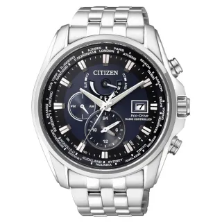 【CITIZEN】商務紳士 全球電波時計光動能時尚腕錶-44mm/銀藍(AT9031-52L)