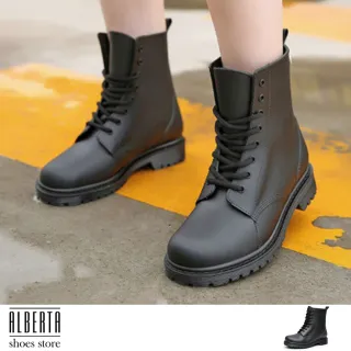 【Alberta】加大尺碼 英式雨鞋 綁帶馬丁雨靴 雨天熱銷款 輕便百搭防水 低粗跟雨鞋(黑色)