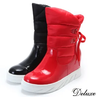 【Deluxe】拼接材質輕柔保暖時尚厚底太空靴(紅-黑)