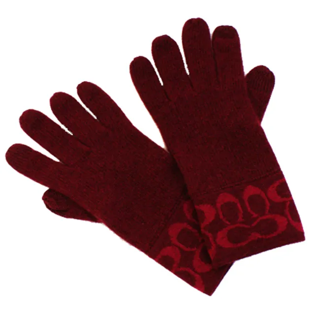 【COACH】經典大C LOGO 精緻針織反摺混羊毛觸控手套(深紅)