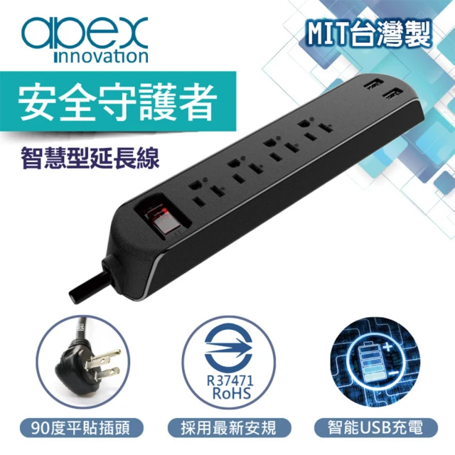【APEX】2018新規桌用一開關四雙孔USB延長線(黑色1.2米 高阻燃防火)