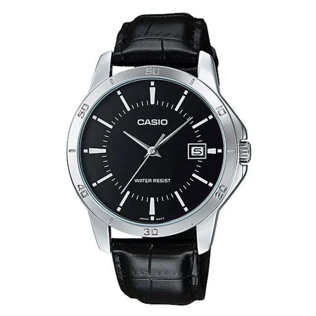 【CASIO 卡西歐】時尚新貴銀框皮革腕錶-羅馬黑面(MTP-V004L-1A)