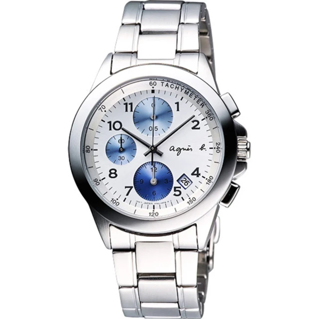 【agnes b.】蔚藍簡約法式三眼計時腕錶-白x藍圈39mm(7T92-0LY0L/BF8328P1)