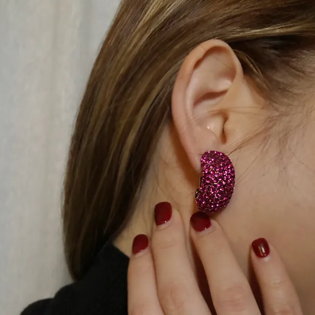 【byFanny】橢圓11排鑽耳夾式耳環/單支-紫紅(單支入銷售 耳夾式 奧地利施華洛世奇水晶)