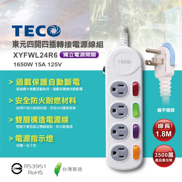 【TECO 東元】四開四插電源延長線1.8M(XYFWL24R6)