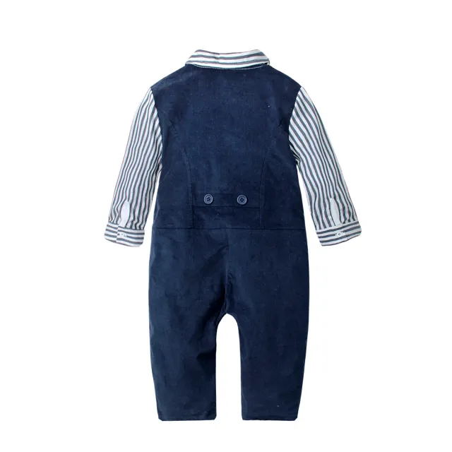 【baby童衣】任選 條紋紳士造型假三件長袖連身衣 70108(藏藍)