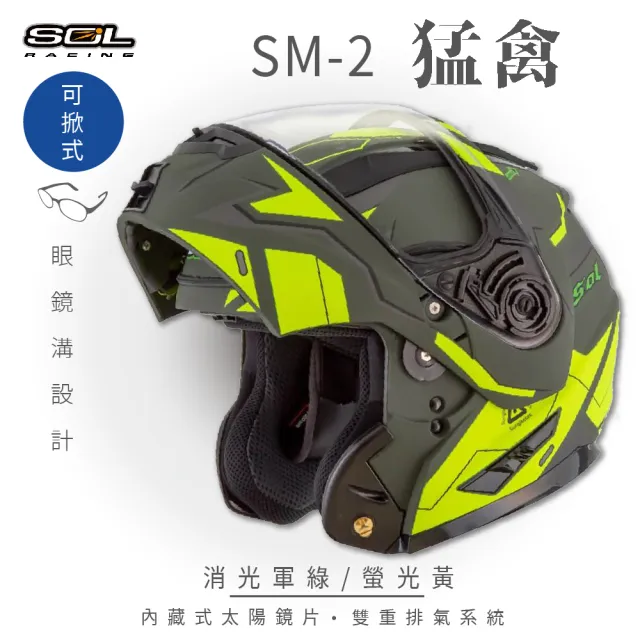 Sol Sm 2 猛禽消光軍綠 螢光黃可樂帽gm 64 可掀式安全帽 機車 內襯 全可拆 內墨鏡片 Gogoro Momo購物網