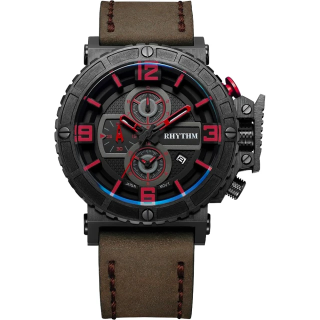 【RHYTHM 麗聲】運動系列大錶徑三眼計時手錶-黑x卡其/46mm(I1401I04)