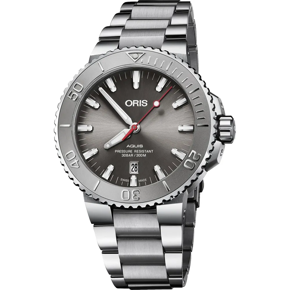 【ORIS 豪利時】Aquis 時間之海潛水300米機械鍊帶x灰面x43.5mm(0173377304153-0782405PEB)