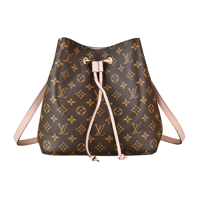 【Louis Vuitton 路易威登】M44022 經典Monogram花紋NeoNoe系列牛皮鑲飾束口斜背水桶包(淡粉)