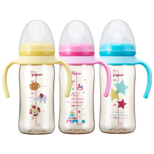 【Pigeon 貝親】母乳實感彩繪寬口PPSU奶瓶成長組160ml奶瓶x1+雙耳把手奶瓶x1