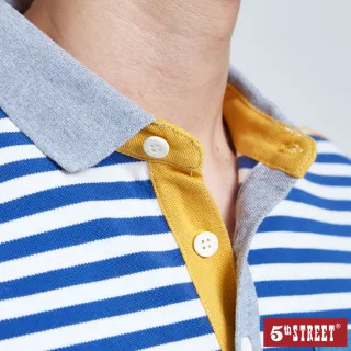 【5th STREET】男撞色剪接細條紋短袖POLO衫-土耳其藍