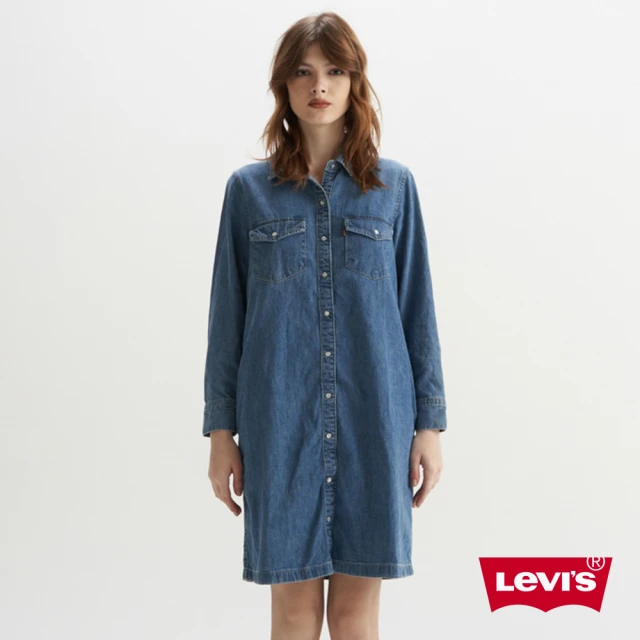 【LEVIS】女款 牛仔洋裝 / 高質感珍珠釦 / 精工中藍染水洗-人氣新品