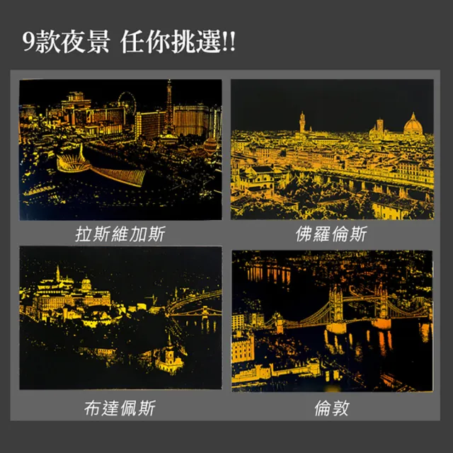 【MY LIFE 漫遊生活】2件組-紓壓璀璨夜都手刮畫(紐約/拉斯維加斯/香港/倫敦/巴黎/ 德國漢堡)
