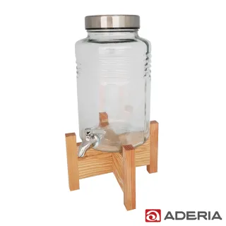 【ADERIA】日本進口時尚玻璃飲料桶 5L(不鏽鋼水龍頭附原木架)