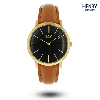 【HENRY LONDON】英國品牌 金殼黑面咖啡色皮帶腕錶(HL40-S-0242)