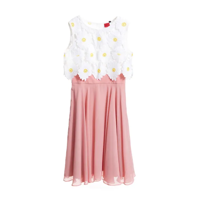 【iROO】粉色雪紡白花洋裝