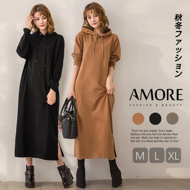 Amore 日韓時尚氣質連帽連身長版上衣 輕鬆穿搭秋冬單品 Momo購物網