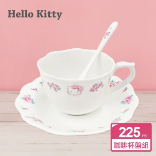 【SANRIO 三麗鷗】凱蒂貓優雅玫瑰骨瓷咖啡杯盤3件組(1杯+1盤+1攪拌匙)