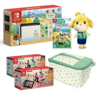 【Nintendo 任天堂】Switch森友會主機+《瑪利歐家庭賽車場》+《動森遊戲+收納箱+玩偶》