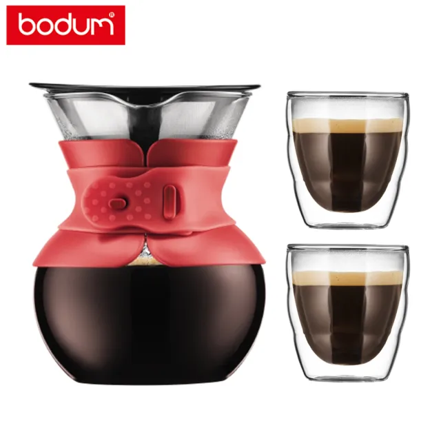 【Bodum】手沖咖啡濾壺-500cc+雙層玻璃杯兩件組-80cc禮盒組/