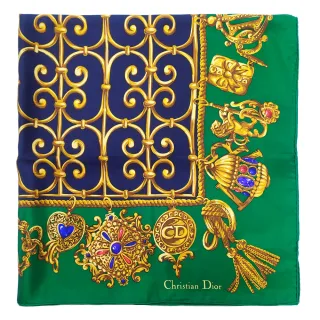 【Dior 迪奧】歐風繁華圖騰墜飾方型絲巾(綠色)