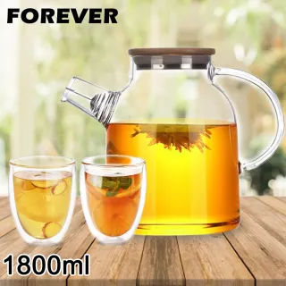 【日本FOREVER】日式竹蓋耐熱玻璃把手花茶壺1800ML附雙層隔冰耐熱玻璃杯250ML(2入)