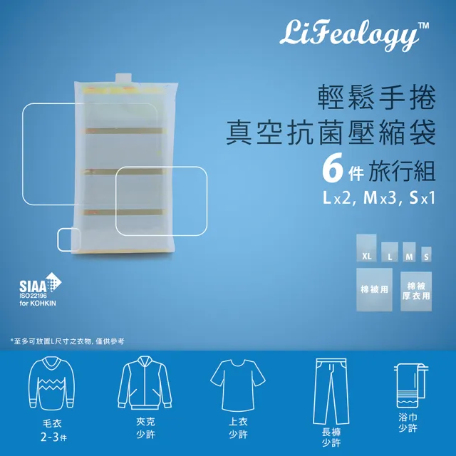 【Lifeology生活美學】日本製輕鬆手捲真空抗菌壓縮袋(6件旅行組)/