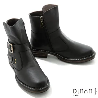 【DIANA】4.5cm 質感牛皮鉚釘皮帶環踝釦飾工程靴-率性自我(黑)
