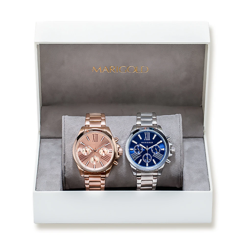【MARIGOLD 美爾朵】Glorious 浪漫錶對錶禮盒(粉膚面玫金框-鍊帶玫金+藍面銀框-鍊帶銀)