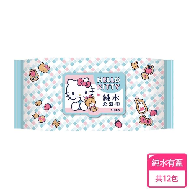 【SANRIO 三麗鷗】HELLO KITTY 凱蒂貓超純水有蓋柔濕巾/濕紙巾 100 抽 X 12 包 特選柔軟水針布(加蓋)