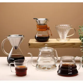 【CorelleBrands 康寧餐具】Pyrex Cafe 質感木環手沖咖啡玻璃壺 400ML(附濾網)