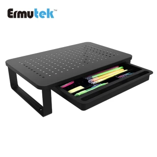 【Ermutek】桌上型螢幕收納架/多功能螢幕增高架+抽屜設計方便收納-金屬材質穩固耐用(黑)