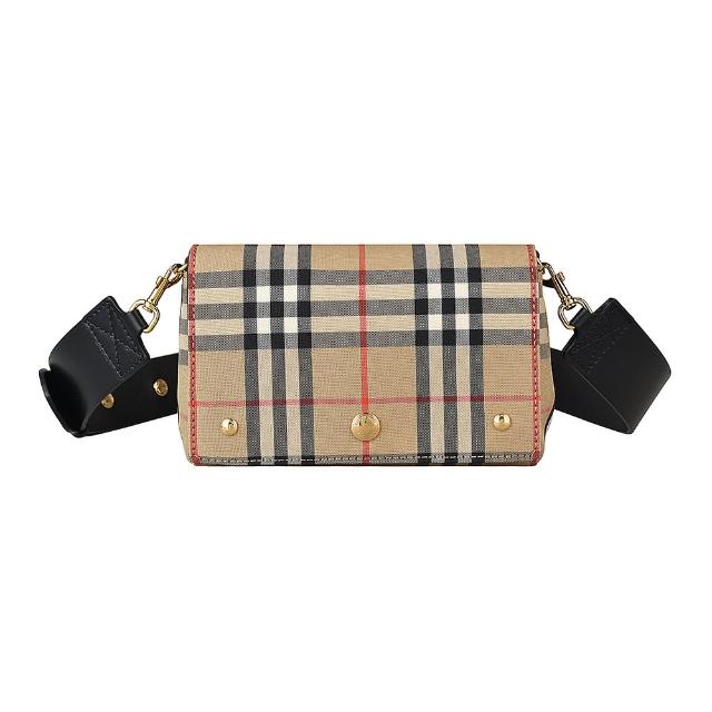 【BURBERRY 巴寶莉】Burberry VINTAGE金字壓印LOGO格紋帆布扣式斜背包(小/米x黑)