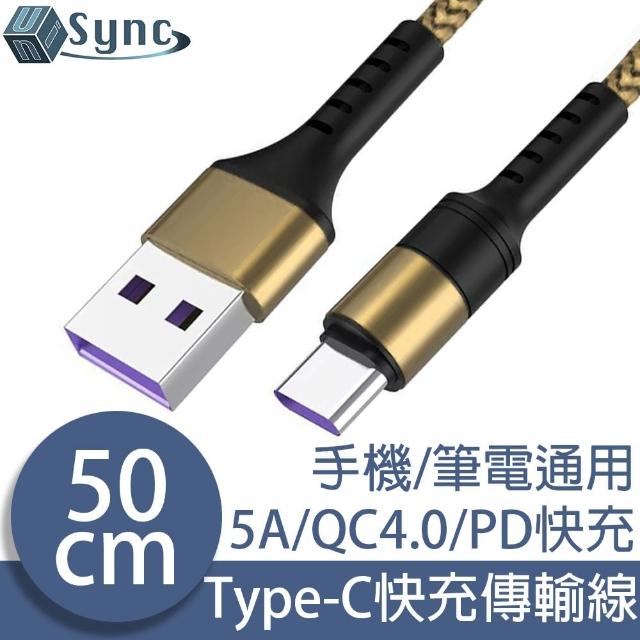 【UniSync】Type-C轉USB QC3.0/4.0 5A PD超極速快充電傳輸短線 50CM