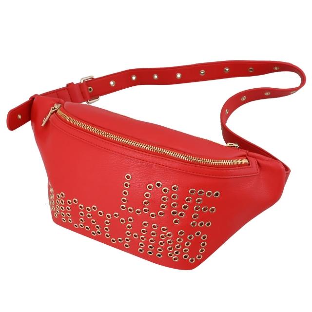 【MOSCHINO】LOVE MOSCHINO 品牌鉚釘LOGO皮革三用大胸口包腰包(紅)