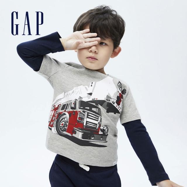 GAP【GAP】男幼童 純棉假兩件印花長袖T恤(732723-灰色)