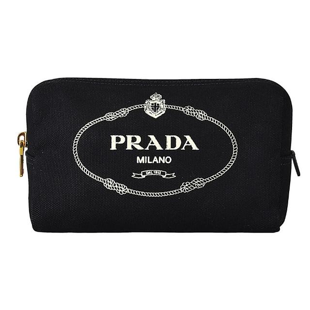 【PRADA 普拉達】PRADA白字LOGO三角型帆布拉鍊手拿化妝包(黑)