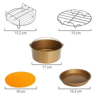 【CAXXA】杜邦塗層6吋黃金豪華版氣炸鍋配件5件組 贈不沾烤盤網(氣炸鍋配件 通用款 304不銹鋼 易沖洗)