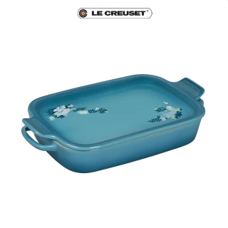【Le Creuset】雙魚戲荷瓷器長形烤盤附托盤組31cm(加勒比海藍)