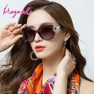 【MEGASOL】UV400防眩偏光太陽眼鏡時尚女仕大框矩方框墨鏡(簍空水鑽狐狸鏡架YX-5827-多色選)