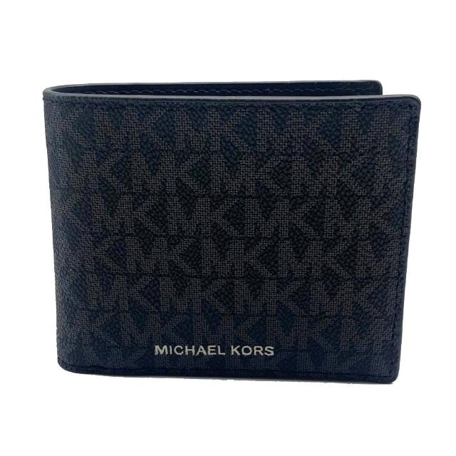 Michael Kors【Michael Kors】燙銀LOGO 雙夾層附零錢袋滿版防刮男短夾-時尚黑/灰(mk 黑色 36u9lcrf3b)