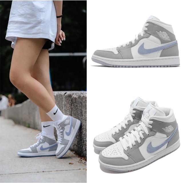 【NIKE 耐吉】休閒鞋 W Air Jordan 1代 男女鞋 中筒 Mid AJ1 小DIOR 情侶鞋 灰白藍(BQ6472-105)