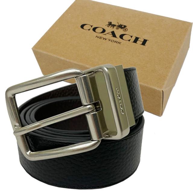 【COACH】經典LOGO男款素面寬版皮帶禮盒(銀色釦頭/黑)